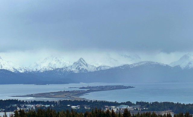 This photo was taken from a park we went to yesterday. It was cloudy/rainy, but you can clearly see the Spit, Kachemak Bay and the snow-covered mountains.