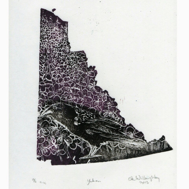 A linocut print in the shape of the Yukon filled with violet fireweed behind a black raven.