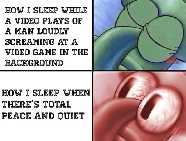 A humorous two-panel meme contrasting different sleeping scenarios:

The top panel reads "HOW I SLEEP WHILE A VIDEO PLAYS OF A MAN LOUDLY SCREAMING AT A VIDEO GAME IN THE BACKGROUND". Accompanying this text is a close-up of a cartoon character, presumably sleeping calmly and peacefully with a slight smile, the character’s face and body are relaxed.

The bottom panel states "HOW I SLEEP WHEN THERE’S TOTAL PEACE AND QUIET". Contrary to the expected, the image shows the same cartoon character in a state of distress or discomfort while sleeping, with a troubled expression and frown, the eyes are pinched closed, and the body appears tense.

The meme plays on the ironic notion that some people find it easier to sleep with background noise or chaos rather than in complete silence.