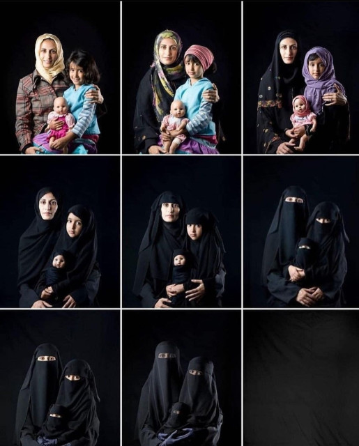 Photograph. A photo consisting of 9 small photos (like passport photos), all showing the same two people, mother and daughter. The little girl is holding a baby doll in her arms. The first photo shows a young woman with a beige headscarf wrapped around her black hair, dressed in a simple coat, while her dark-haired daughter in a blue-striped sweater holds her baby doll in pink clothes. They are smiling. This changes in the following pictures. The clothes become darker, everyone (including the doll) wears a headscarf, which gradually expands into a full black veiling. The last picture in the series is without people, it is simply completely black. 
(The photos show the artist herself, with her eldest daughter).
Info: The Yemeni photographer Bushra Al-Mutawakel explores the concepts of beauty, religion and female existence in ongoing photo series, it deals with concepts of beauty, religiosity and femininity as well as the attempt to force women into uniform beauty standards. 