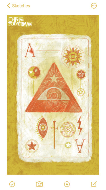 Something that looks like an extremely occult version of a playing card. On a gold background is placed a vertical gray rectangle with fraying edges and rounded corners. The rectangle has a faded red border inside it. The rectangle contains a scattered array of symbols, all drawn in red and gold, that are not arranged according to any order, but still seem to have a weird sort of precision to them. These symbols include: a large, inverted triangle with an eye in it and a star with rays above the eye; various permutations of stars inside circles; intricate icons of the sun and moon; a lightning bolt; and the letter "A" in the top left and lower right corners of the card, similar to an ace playing card. Oh, and also a sword, because swords are epic.