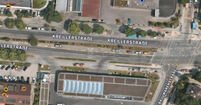 Luftaufnahme Kreillerstrasse Ecke Bajuwarenstrasse vor dem Umbau. Der Radweg war getrennt von der Fahrbahn.