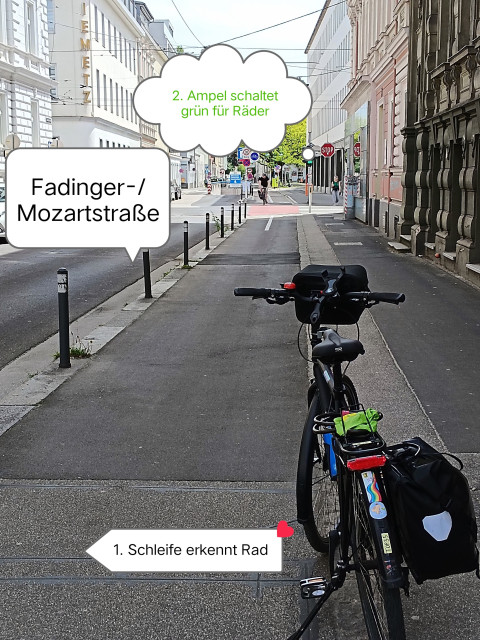 Im Vordergrund das Fahrrad, daneben die Schleife im Radweg, die Räder erkennt, im Hintergrund die Ampel, die daraufhin grün geschalten wird.