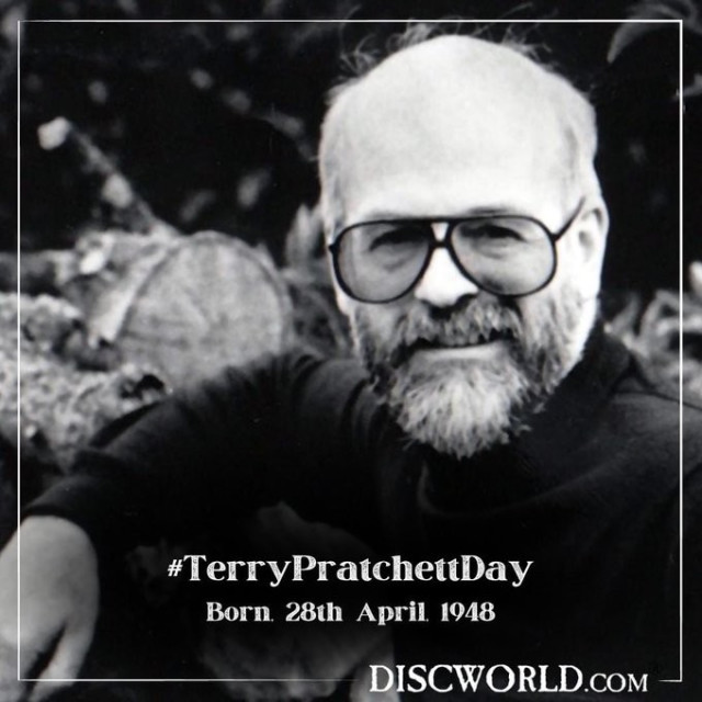 Black and white picture of Terry Pratchett, born on this day 1948