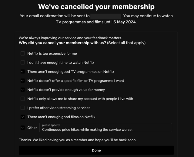 Netflix cancellation feedback.