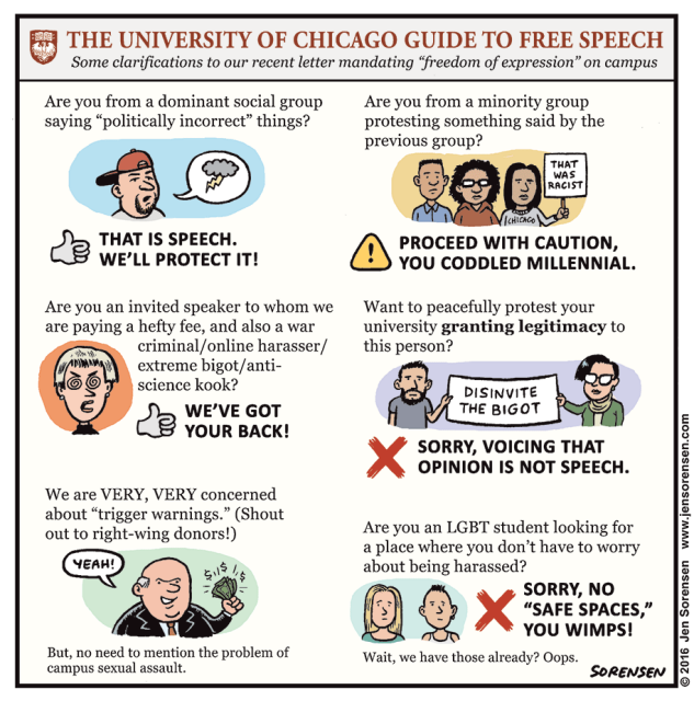 THE UNIVERSITY OF CHICAGO GUIDE TO FREE SPEECH
Some clarifications to our weekly letter mandating “freedom of expression” on campus

Are you from a dominant social group saying “politically correct” things? That is speech. We’ll protect it!

Are you from a minority group protesting something said by the previous group? (Woman holds up sign saying “That was racist.”) Proceed with caution, you coddled millennial.

Are you an invited speaker to whom we are paying a hefty fee, and also a war criminal/online harasser/extreme bigot/anti-science kook? We’ve got your back!

Want to peacefully protest your university granting legitimacy to this person? (Students holding sign saying “Disinvite the bigot”) Sorry, voicing that opinion is not speech.

We are VERY, VERY concerned about “trigger warnings.” (Shout out to right-wing donors!) (Corporate guy with dollars in hand says “Yeah!”) But no need to mention the problem of campus sexual assault.

Are you an LGBT student looking for a place where you don’t have to worry about being harassed? Sorry, no “safe spaces,” you wimps! Wait, we already have those? Oops!
