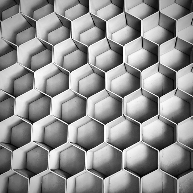 Black and white photo of hexagonal architectural detail on a wall.