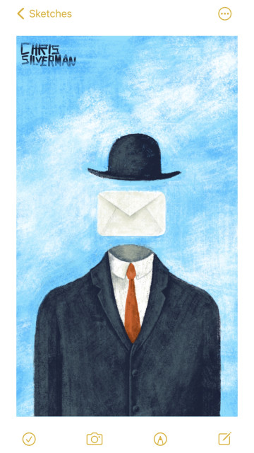 A figure with a stiff black suit, a white collared dress shirt, and a red tie stands against a blue sky with white clouds on it. The figure is wearing a black bowler hat. The figure also does not have a head, with a white envelope floating in space where its head would be. Those who know art will recognize René Magritte's painting "Son of Man". Those who know technology might recognize the iOS Mail icon.
