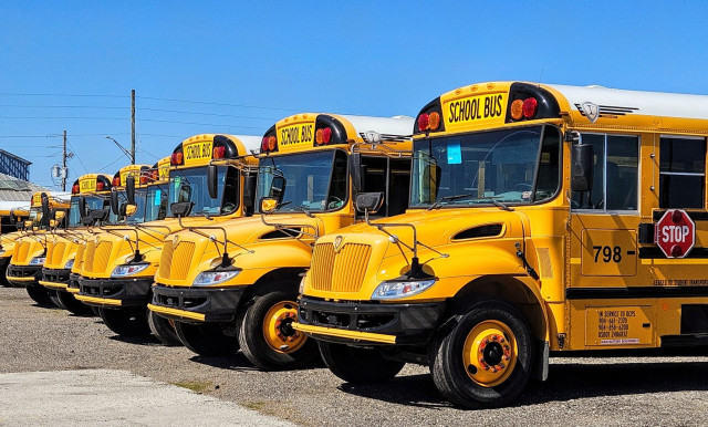 Beneath a brilliant clear blue sky a row of big yellow and black school busses are parked next to one another in the gravel of a maintenance lot.