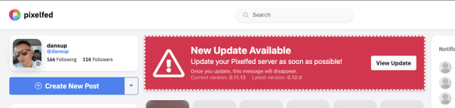 Pixelfed web ui with a "New Update Available" warning