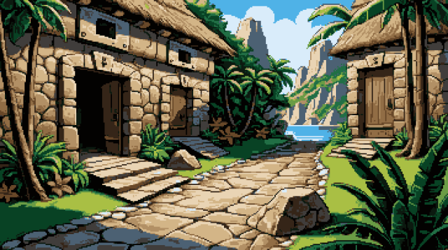 Pixel art of a bygone realm, cloaked in the verdant embrace of the untamed jungle's heart. Here, the ruins of the Mayan world stand as silent sentinels amidst the riot of life that flourishes around their weathered bones. Sunlight, soft and benevolent, sifts through the dense tapestry of the canopy, a celestial painter casting honeyed beams that alight upon the crumbling walls with a lover's touch.  In this digital canvas, the worn frescoes - echoes of ancient hands - bloom anew in their quiet alcoves, their colours once more vivid against the test of time, as if history itself exhaled and brought them back to life for a fleeting moment. The intricacies of Mayan artistry reveal stories set in stone, a rich cultural heritage that pulses through the ages. The jungle's breath, warm and moist, stirs the leaves and whispers through the ruins, where the architecture of gods and men intertwines with roots and vines. 