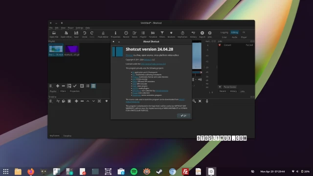 Screenshot of Shotcut 24.04 on the Fedora Linux 40 Workstation distribution showing the main window while editing a video clip and the About dialog.