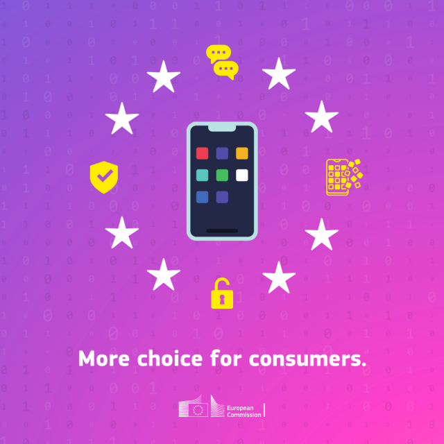 A visual with a table surrounded by the stars of the EU flags, in which some have been replaced with sketched chat bubbles, a small tablet with logos popping out, an open lock, and a shield. Below is the text “More choice for consumers.” At the bottom is the European Commission’s logo. 
