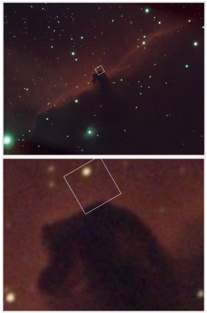 Two tile image showing a nebula in space that is a long swath of reddish gas with a dark cloud in the centre. The dark cloud is in the shape of a Horsehead. The top tile is a wide angle shot whilst the lower tile is a zoomed in shot. A white box is annotated on the region of the Horsehead nebula that indicates the field of view from the telescope.