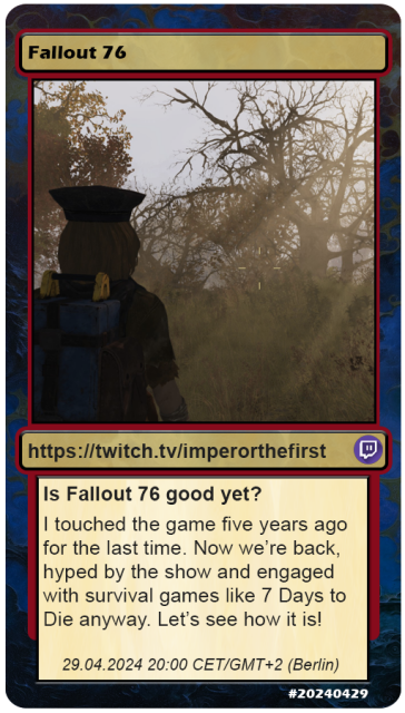A stream announcement in the style of a collectible card, showcasing a screenshot of the game and text similar to what the main post says.