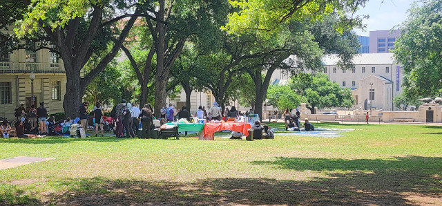 Students gather around blankets and tables on a big green lawn on the college campus. 