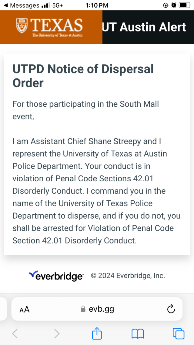 An order from Assistant Chief Shane Street of UT police ordering the group on the lawn to disperse m