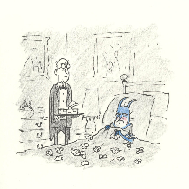 A cartoon illustration of a sad Batman in bed with a cold and surrounded by wadded up tissues while Alfred stands at his side with a kleenex box on a platter.