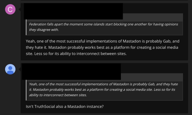 Screen capture of a social media conversation regarding implementations of the Mastodon platform, mentioning Gab and raising a question about TruthSocial.