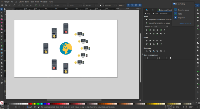 A document in the vector graphics software Inkscape that is in 4K landscape mode. The window is dark, has a sidebar to the left, toolbar up top, color palett at the bottom and a sidebar for tooling on the right.

The document itself is a white background with an illustration of planet earth in the centre. On the left are 5 illustrations of servers, 2 of which have a devil emoji and 3 of which have smiling emojis. To the right are 5 illustrations of the same thing, which isa smiling emoji, a All-in-one PC or iMac and a smartphone, orderered from left to right.

The author attempts as he may to straighten up the grid and work in symmetric terms, and the simple snapping tool helps with this. On the upper right is an open pop-up menu that allows you  to turn on and off snapping, to enable or disable snapping to bounding boxes, nodes and according to the alignment tool, as well as a blue text link to enable Advanced snapping, which is a subject for another time.