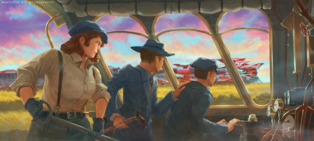 Digital painting of a locomotive crew gunning hard after other locomotive, a red Dragontrain, in parallel over evening grassfield.