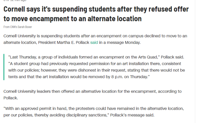 Cornell says it's suspending students after they refused offer to move encampment to an alternate location