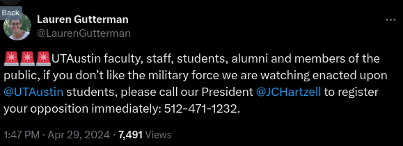 🚨🚨🚨UTAustin faculty, staff, students, alumni and members of the public, if you don’t like the military force we are watching enacted upon 
@UTAustin
 students, please call our President 
@JCHartzell
 to register your opposition immediately: 512-471-1232.
