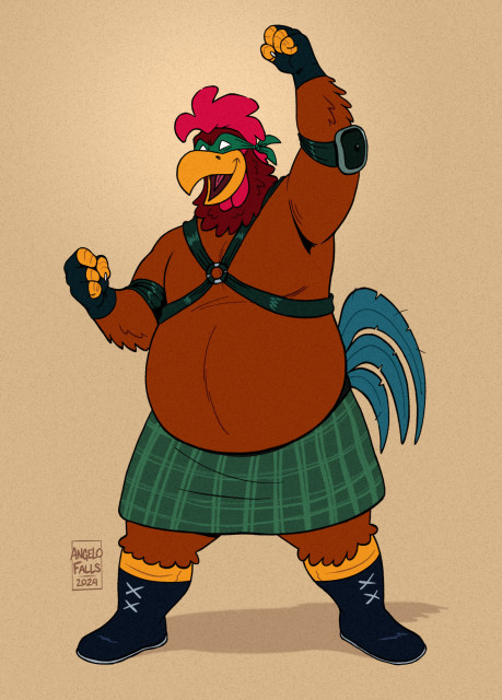 A drawing of an anthro rooster wrestler, wearing a green mask, kilt, leather chest harness, fingerless gloves, elbow pads, and dark blue boots. In a feet spread apart pose, one arm raised in the air and the other arm flexing by his side