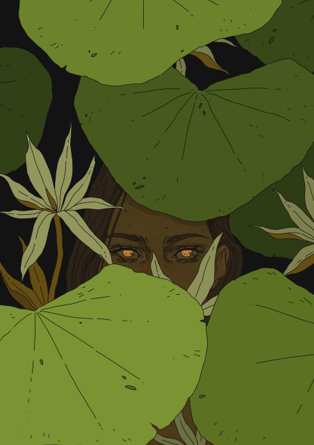 a person with glowing eyes hiding behind big leaves and plants