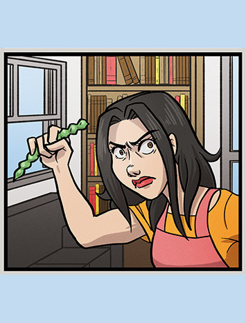 A panel from the wedding comic in which Hope is holding a green bean like a dagger, with a murderous expression on her face.