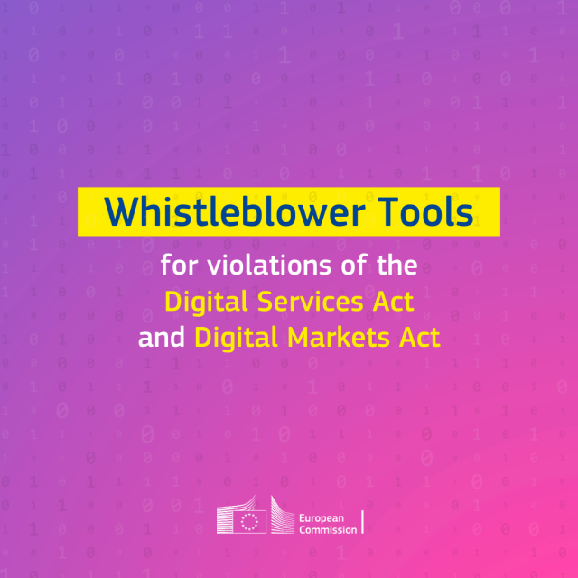 On a pinkish-violet background, the text "Whistleblower tools for violations of the Digital Services Act and Digital Markets Act".