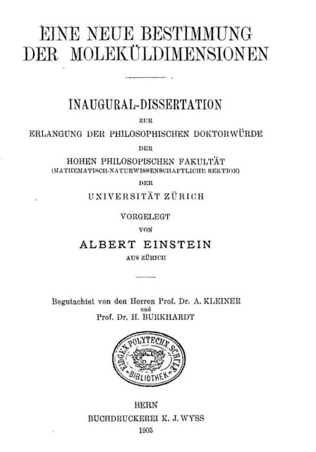 The cover page from Albert Einstein's 1905 dissertation, "A New Determination of Molecular Dimensions."