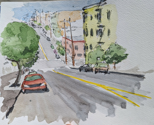 A quick watercolor sketch--this one a little more colorful and "filled in" --looking downhill from Balboa St. & 22nd Avenue at the 23rd & Balboa intersection ~ on the other side, Balboa goes uphill. 