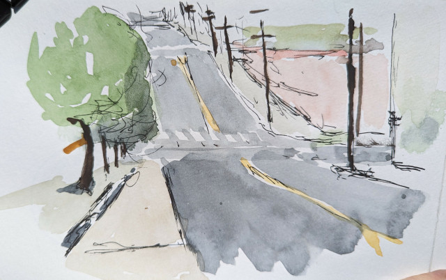 A quick watercolor sketch looking downhill from Balboa St. & 22nd Avenue at the 23rd & Balboa intersection ~ on the other side, Balboa goes uphill. 