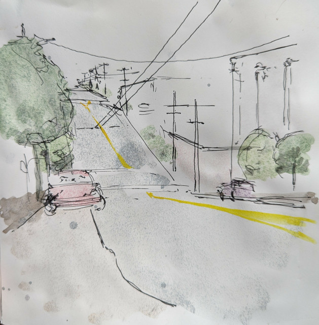 A quick watercolor sketch, this one a very minimal study sketch, looking downhill from Balboa St. & 22nd Avenue at the 23rd & Balboa intersection ~ on the other side, Balboa goes uphill. 