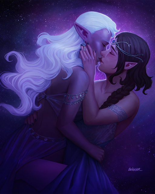 "A digital painting of two women sharing a passionate moonlight embrace. One woman is a drow Elf, with long pointed ears, waist-length snow-white hair, dark purple skin, & wears a long blue waistcloth & a delicate lace chest piece that covers very little of her back & arm; her eyes are closed in reverence as she kisses her lover & pulls her close by her hips. The other woman is also an elf or half-elf, with shorter pointed ears, pale skin, & shoulder-length dark hair but for a long thick braid; she wears a delicate Silver tiara & lacy white clothing that seems to be falling off. The background is a starry night sky with deep purple & blue framing the pair, who appear to be backlit by an unseen light."