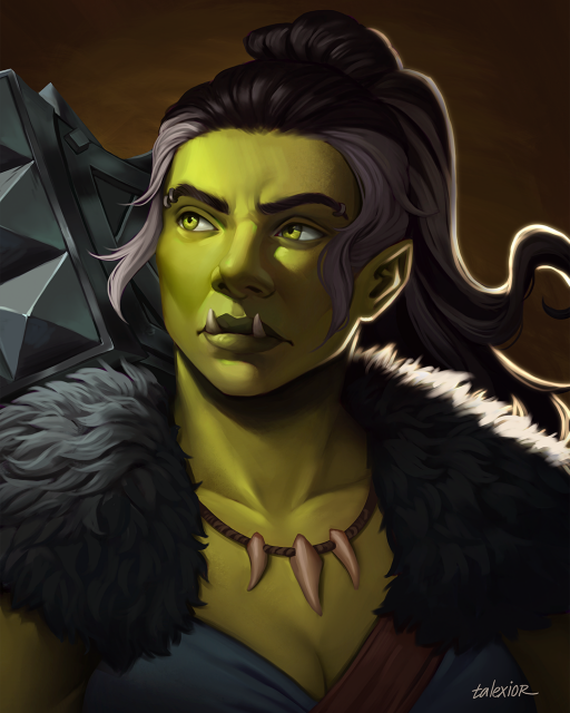 "A digital portrait of a female half-orc Barbarian, seen from the shoulders up. She looks to her right with a wary, attentive expression; two short tusks jut upwards past her closed lips & her sharp green eyes match the green skin of her slightly furrowed brow. She has long dark hair held in a loose ponytail that sweeps behind her, backlit by an unseen light, while bright grey bangs frame her face. 

Her features are smooth & chiseled, stark in the light. She wears a thick grey pelt on her shoulders that covers much of her blue & orange shirt, framing a leather necklace with three fangs that rests on her sternum. The angular head of a massive steel mace peeks over her shoulder, but the rest of the indistinct background is a deep leathery brown."