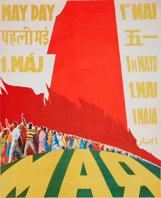 May Day poster showing working masses marching with fists up