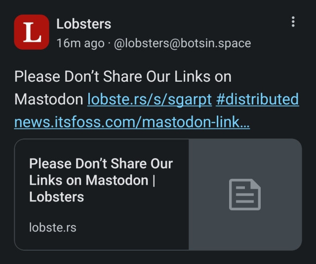 News article about not sharing links on mastodon posted by a mastodon bot