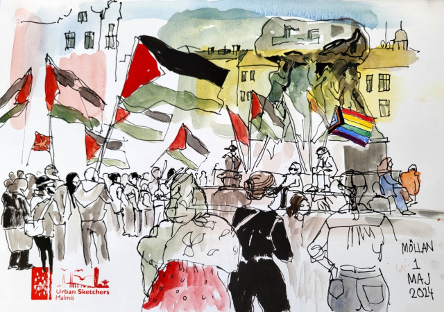 Teckning från vänsterpartiets 1 maj samling på Möllevångstorget. Folk håller Palestinska flaggor. Vid statyn "Arbetets ära" finns flera palestinska och hbtq flaggor.