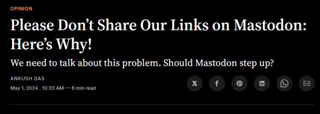 Screenshot of the It’s FOSS News article title. Title is “Please Don’t Share Our Links on Mastodon: Here’s Why!”