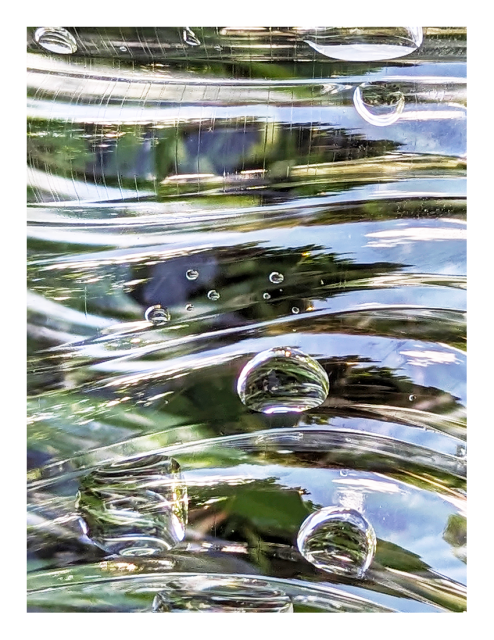 abstract, color. the midday sky and nearby trees are reflected/distored on each of 6 bands between the ridges on the heel of a plastic water bottle. several bubbles of different shapes and sizes magnify the grass under the bottle and/or reflect the sky and trees.