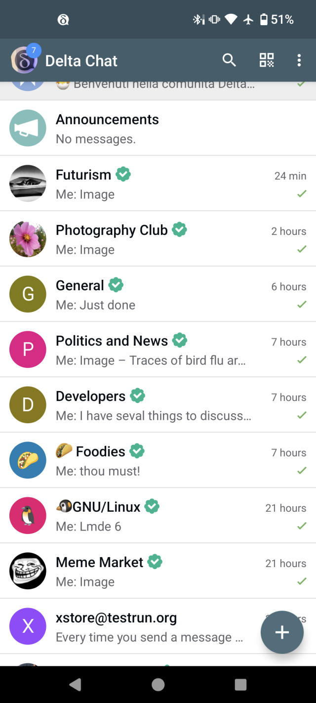 A chat list of an anonymous community with 1-member groups:
Futurism
Politics and news 
Photography club 
Developers 
Foodies
Gnu Linux 
Meme market 
Anime and manga 
Cubans 



