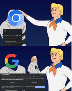 The Scooby Doo villain reveal meme where the top pane has Freddy about to pull the mask from the villain, which is covered by the Chromium logo with a message underneath that the site can't be reached because of the ERR_CONNECTION_RESET error, and the bottom pane shows Freddy revealing the villain with the mask in his hand. The villain is Google, with the "G" logo as the head of the villain, and the screenshot of the Chromium Experiments page under the logo showing the "TLS 1.3 hybridized Kyber support" as the problem, which I've disabled in the screenshot so it's no longer a problem.
