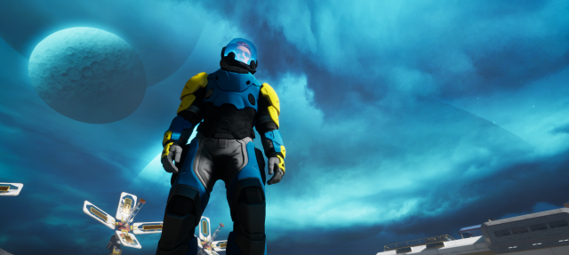 Main character, metahuman standing on the alien surface with moons in the background
