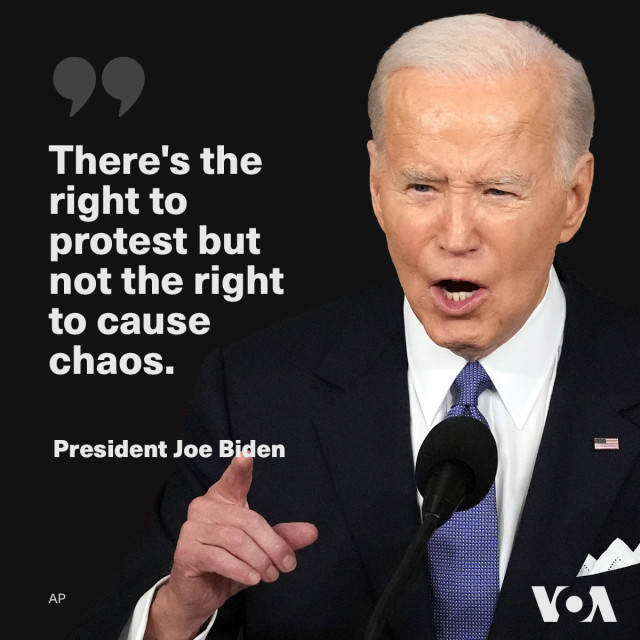  President Joe Biden says the pro-Palestinian protests on U.S. college campuses test two fundamental American principles, the right to free speech and the rule of law. He stressed that both must be upheld.