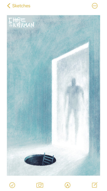 A dim room: not light, but not quite dark. Like a space during the day where the lights are off. On the right side of the drawing is a doorway through which white light is streaming. A blurry figure stands in the doorway, indistinct in the blazing light. Directly in front of the doorway, inside the room, is a perfectly round hole in the floor, like a manhole with the cover left off. A ladder leads down into the darkness of the hole.