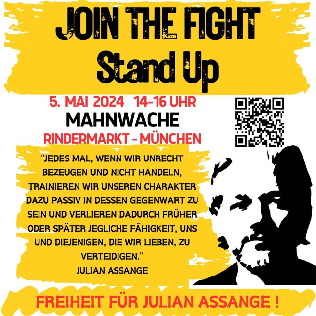 flyer Mahnwahche free Assange. 5. Mai 24 Rindermarkt München