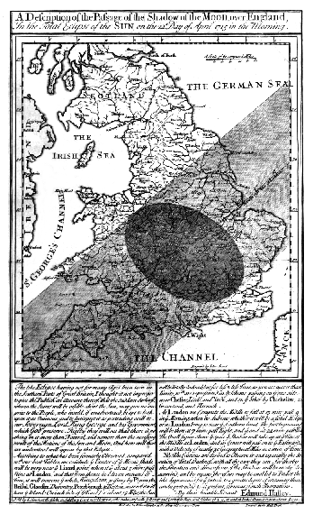 Halley's map of the path of the Solar eclipse of 3 May 1715 across England.