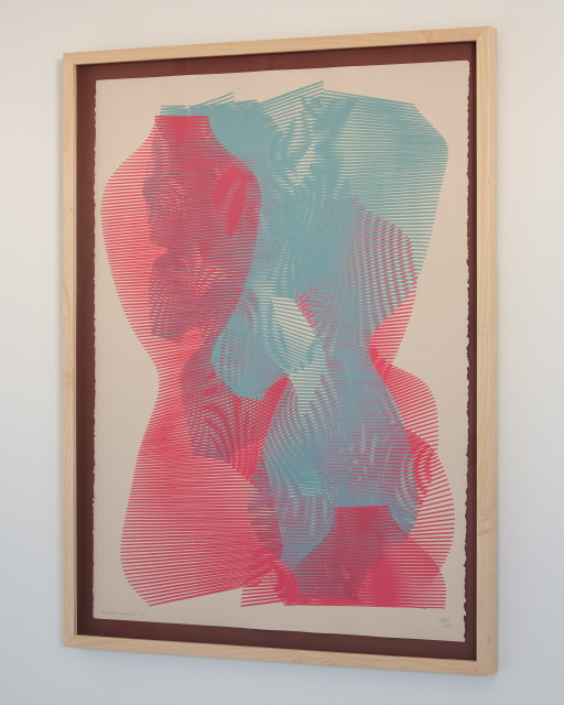 An abstract painting produced by a robotic pen plotter using a generative algorithm. Red and blue ink on tan paper.